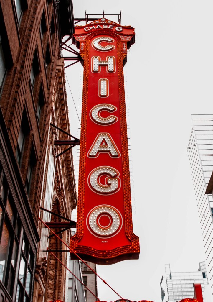 Chicago Theatre red marquee sign lit up