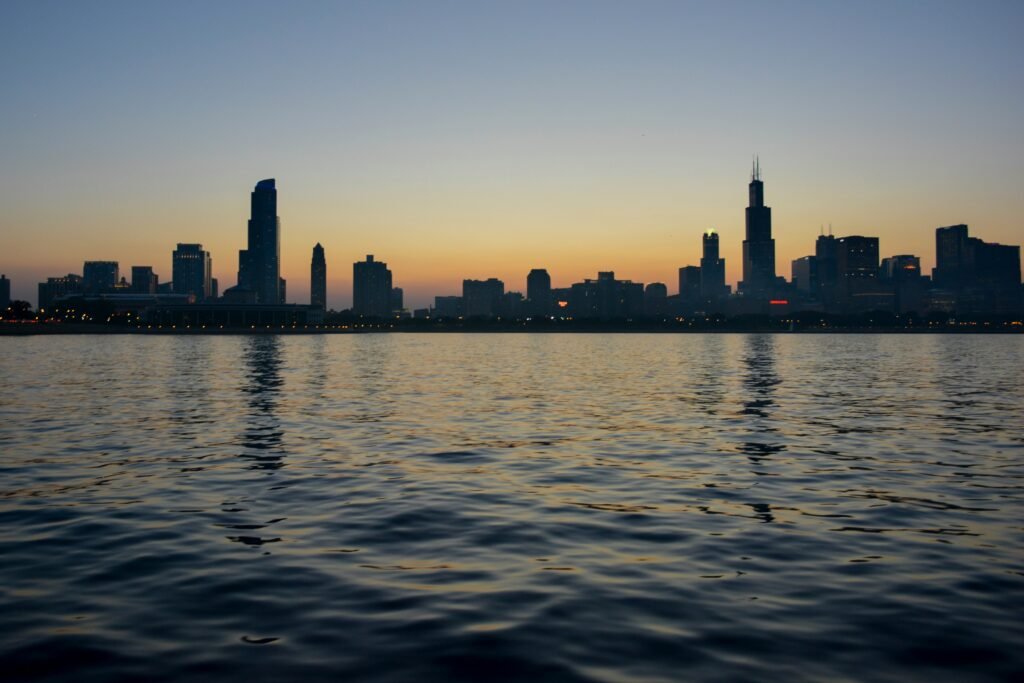 Chicago skyline from Lake Michigan at golden hour