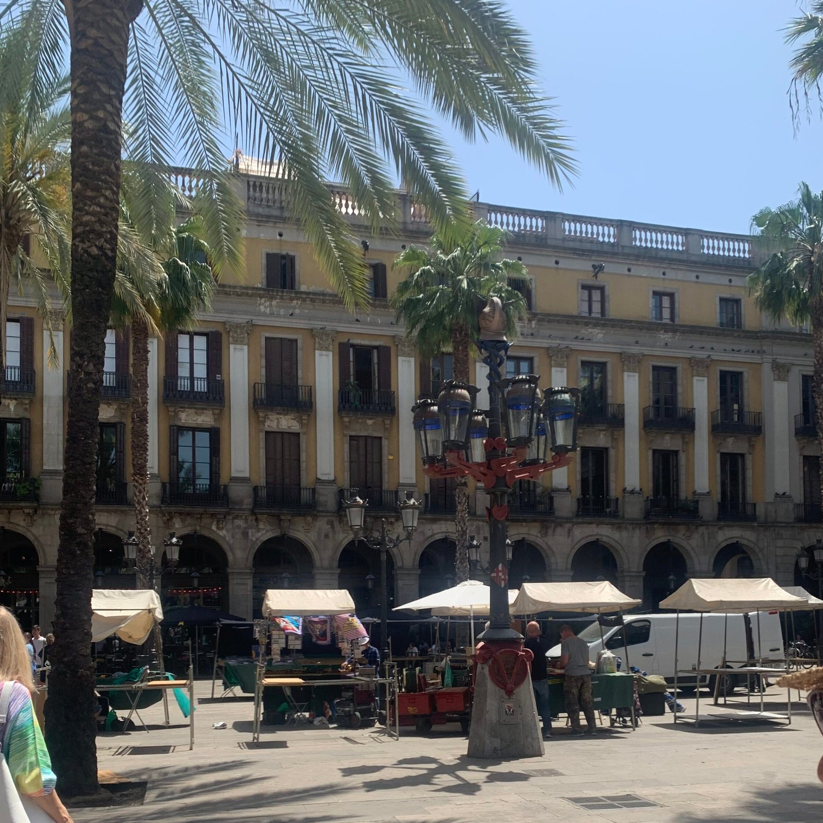 Sunny square with palm trees and historic buildings in Barcelona’s Gothic Quarter, charming area featured in Where to Stay in Barcelona guide