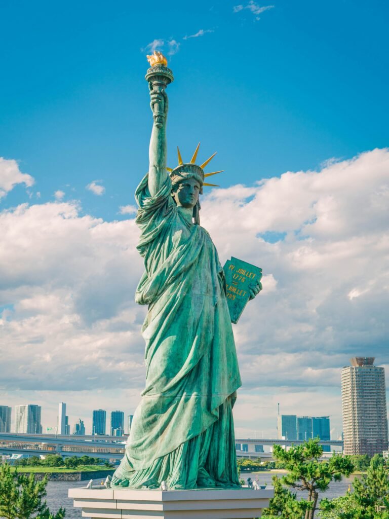 Statue of Liberty viewed from Liberty Island under a bright blue sky