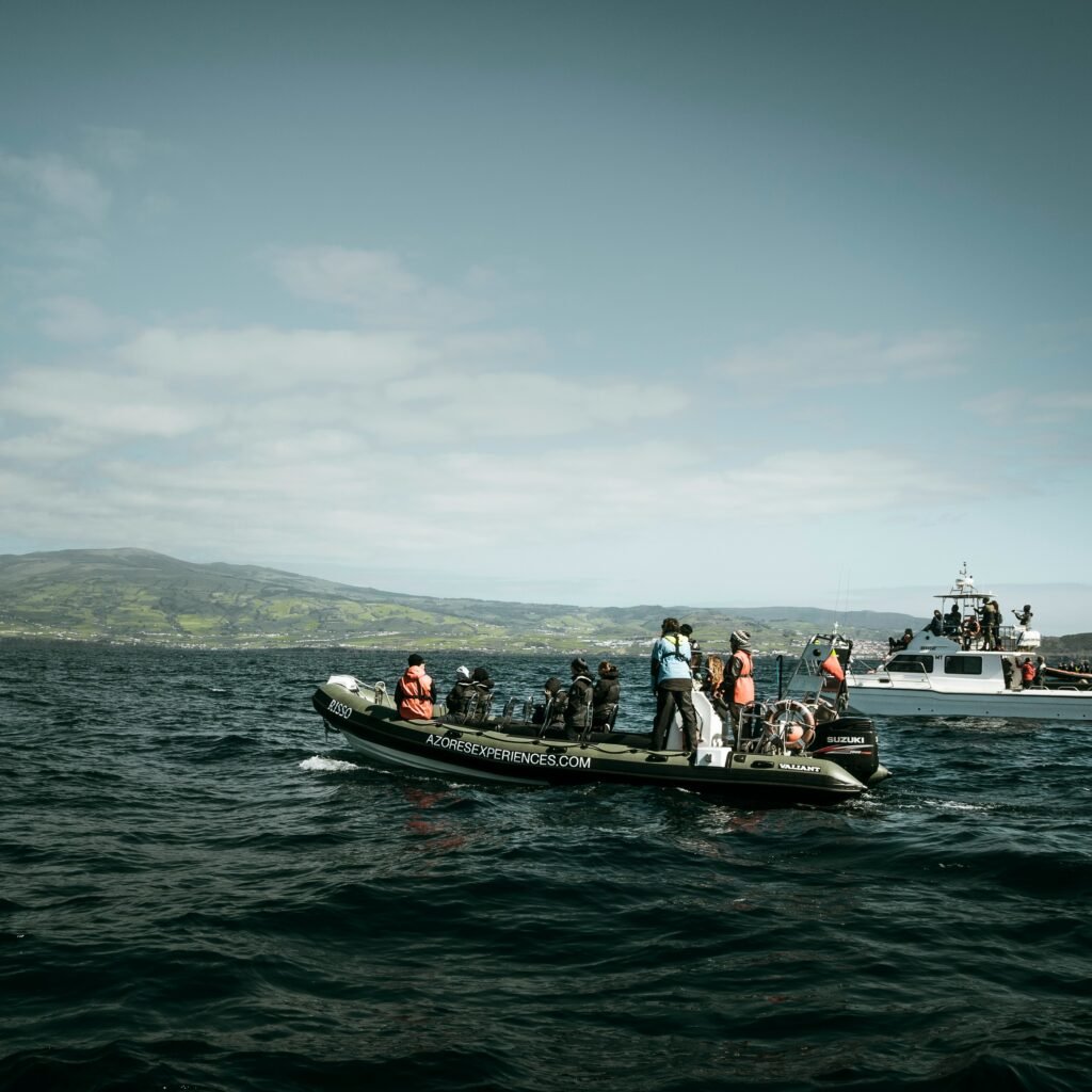 Whale-watching boats with passengers on the Atlantic near the Azores coastline