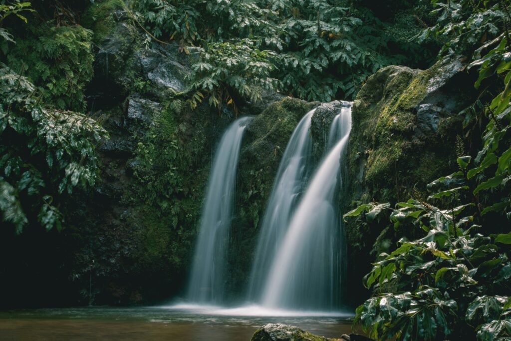 Green cliffs and waterfalls near Nordeste on Sao Miguel, Azores