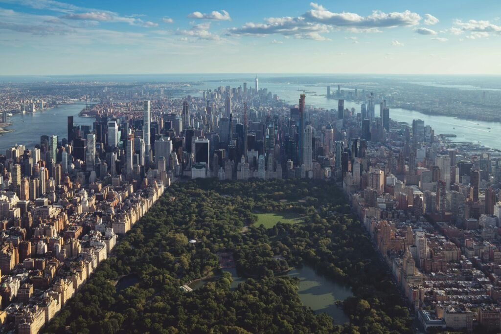 Aerial view of Central Park surrounded by the Manhattan skyline in New York City