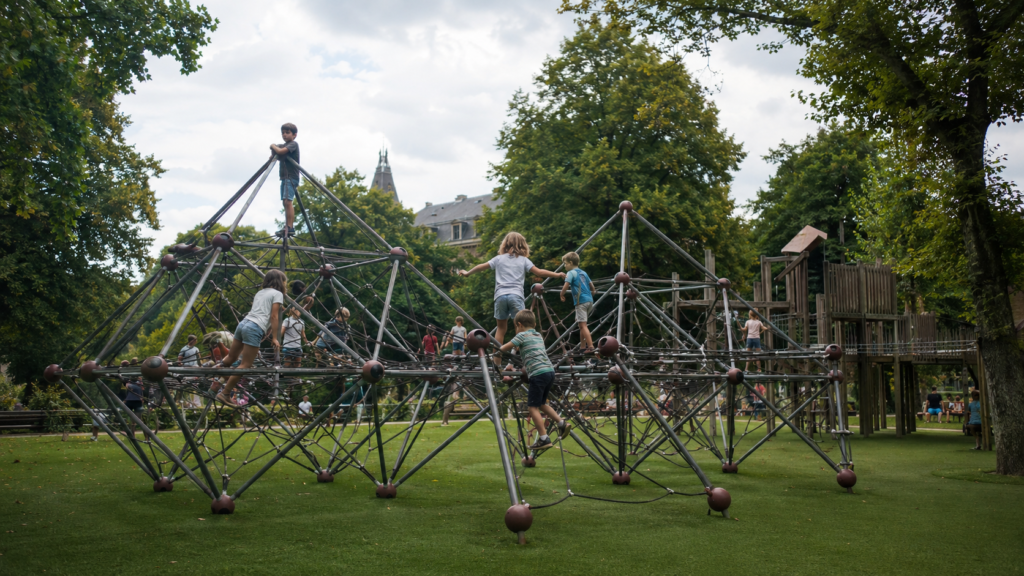 Children climbing on a playground structure in a green Amsterdam park