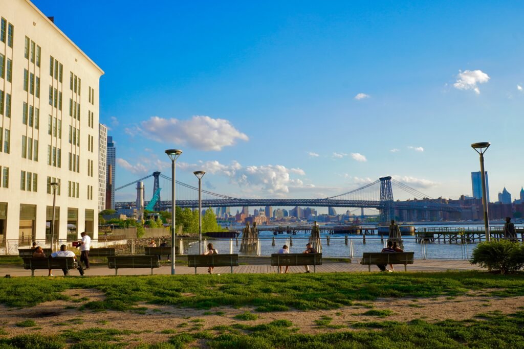 Williamsburg waterfront in Brooklyn with the Manhattan skyline across the East River