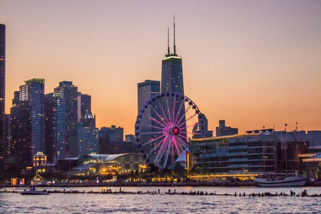 Centennial Wheel at Navy Pier in Chicago at golden hour