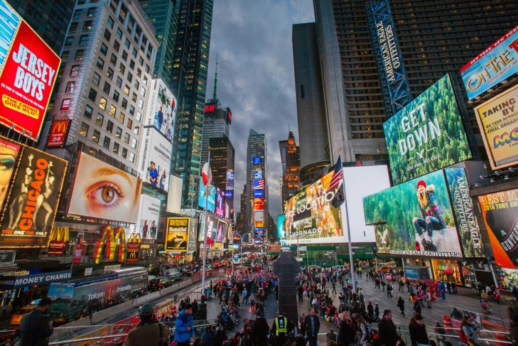 Times Square billboards at night in New York City