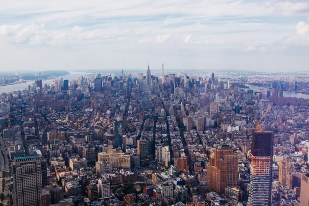 View north from One World Observatory over Manhattan and both rivers