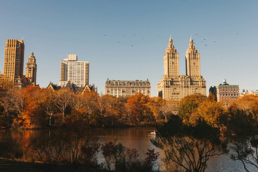 Central Park lawns and skyline in Manhattan New York City