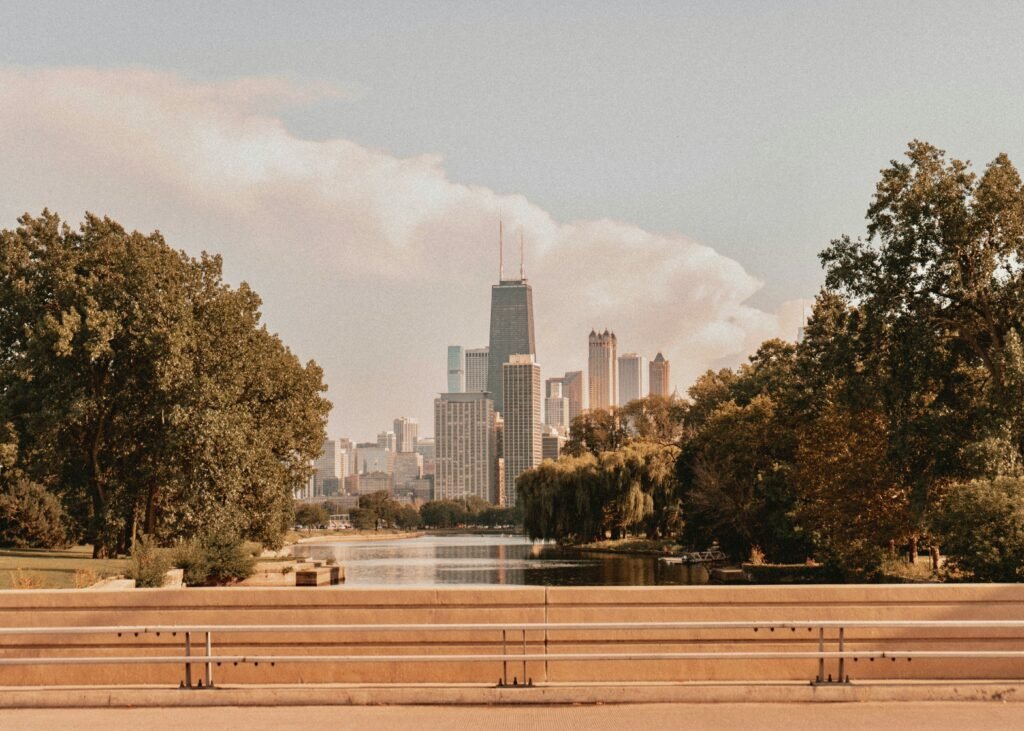 Chicago skyline seen from Lincoln Park in warm September light