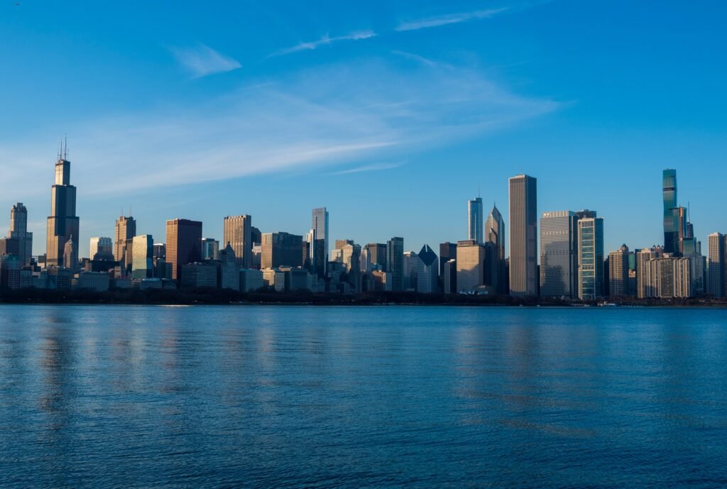Chicago skyline viewed from Lake Michigan with downtown towers along the waterfront