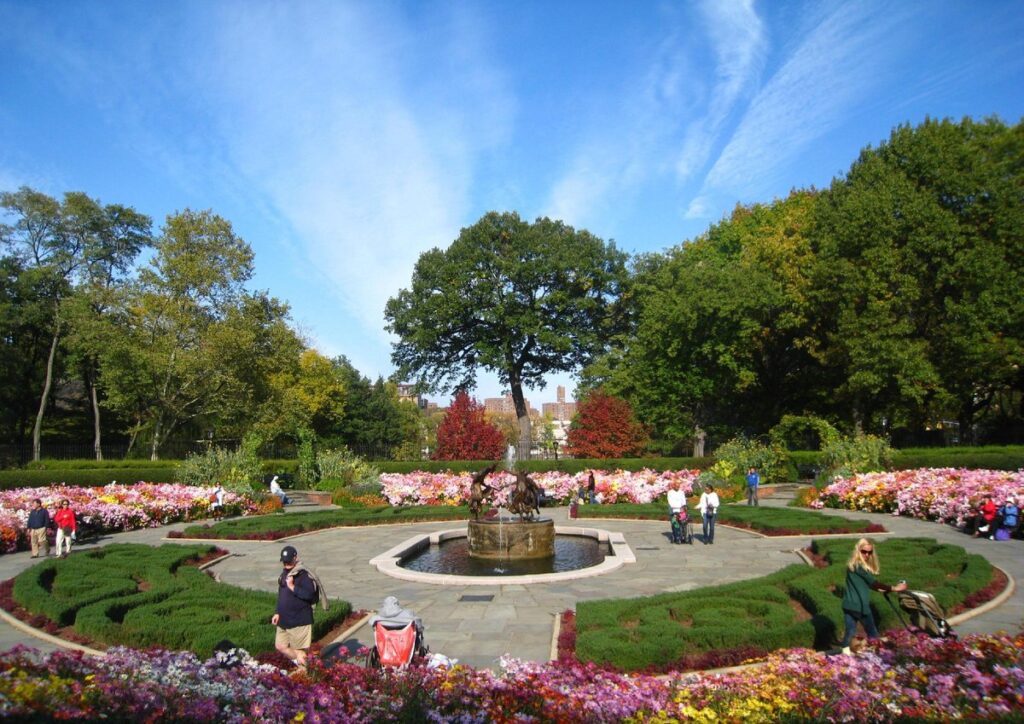 Formal planting and summer greenery in the Conservatory Garden in Central Park