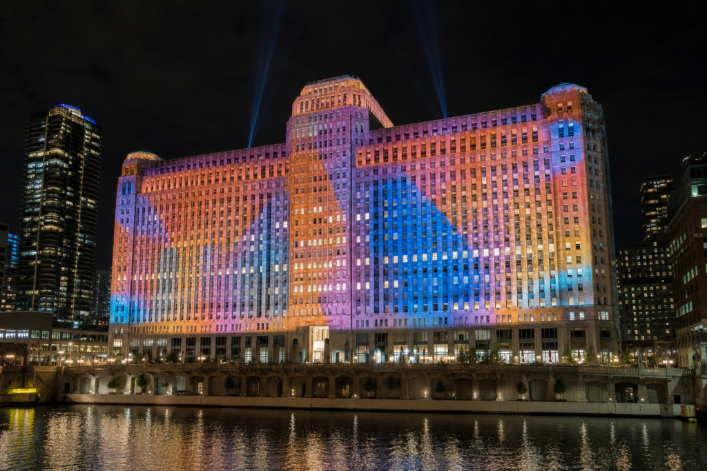 ART on THE MART projection on the Merchandise Mart from the Chicago Riverwalk
