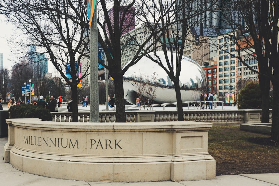 The Millennium Park entrance sign with Cloud Gate (the Bean) reflecting the skyline behind bare winter trees