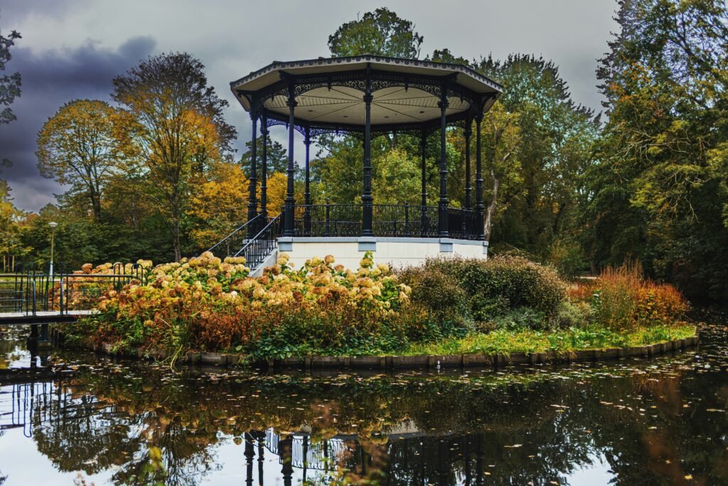 Vondelpark pavilion and autumn foliage in Amsterdam