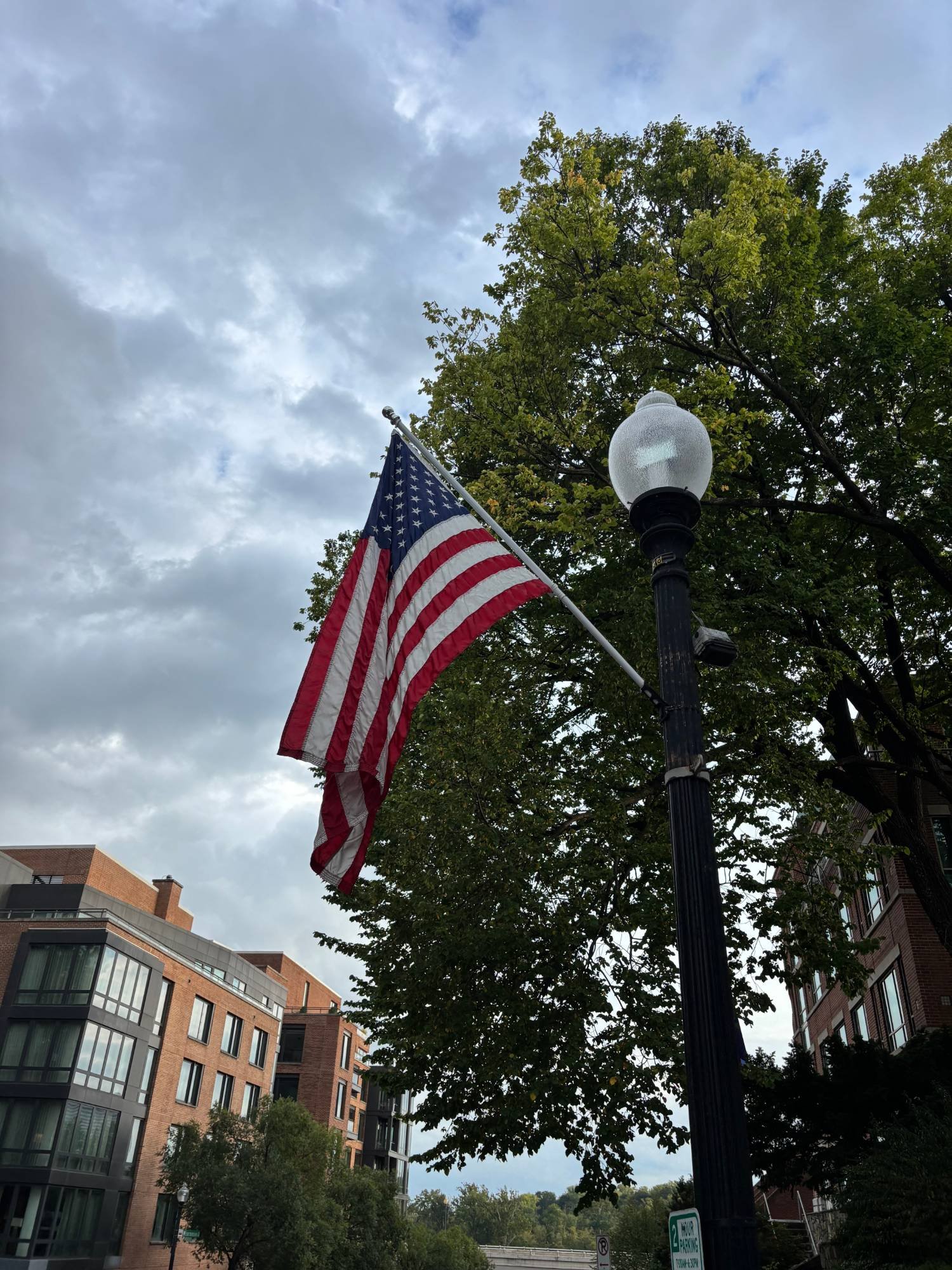 An American flag on a lamppost along a Washington, D.C. street