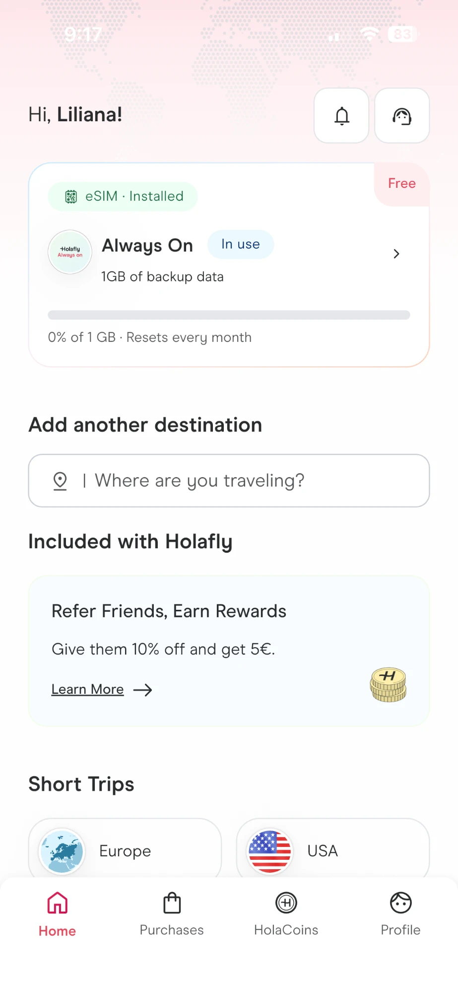 Lili's own Holafly app showing her eSIM plan active and in use